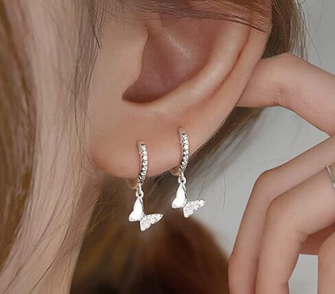 Cute Butterfly Small CZ Cartilage Cuff Hoop Earrings With Tiny Charm Dangle Drop for Women Girls S925 Sterling Silver Dainty Fashion Huggie Hoops Hypoallergenic Fashion Elegant Jewelry Gifts for Daughter Sister Bff in Kuwait