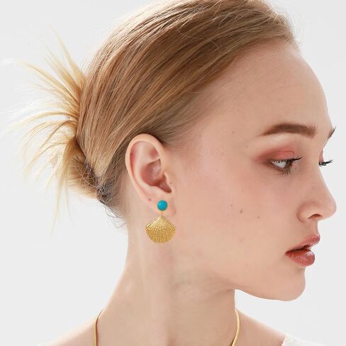 اقراط اذن ذهبية مرصعة بتصميم صدفة البحر من ايتكويري، مجوهرات شاطئ متدلية من الزنك، تركواز, الزنك, تركواز in Kuwait