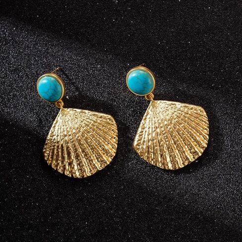 اقراط اذن ذهبية مرصعة بتصميم صدفة البحر من ايتكويري، مجوهرات شاطئ متدلية من الزنك، تركواز, الزنك, تركواز in Kuwait