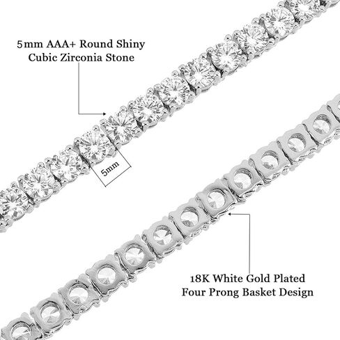 MDFUN Tennis Necklace 18K White Gold Plated | 5.0-6.0mm Round Cubic Zirconia Cut Faux Diamond Tennis Chain for Women and Men 14-24 inches in Kuwait