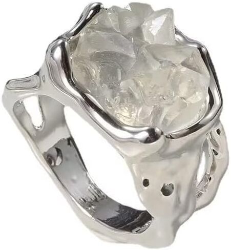 XUSIOAKKM Irregular Natural Raw Stone Ring White Transparent Gemstones Crystal Incision Black Silver Polishing Jewelry White Crystal Bold Cocktail Ring Open Band Trendy Jewelry Gift（Silver，Size9） in Saudi Arabia