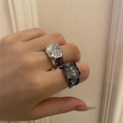 XUSIOAKKM Irregular Natural Raw Stone Ring White Transparent Gemstones Crystal Incision Black Silver Polishing Jewelry White Crystal Bold Cocktail Ring Open Band Trendy Jewelry Gift（Silver，Size9） in Saudi Arabia