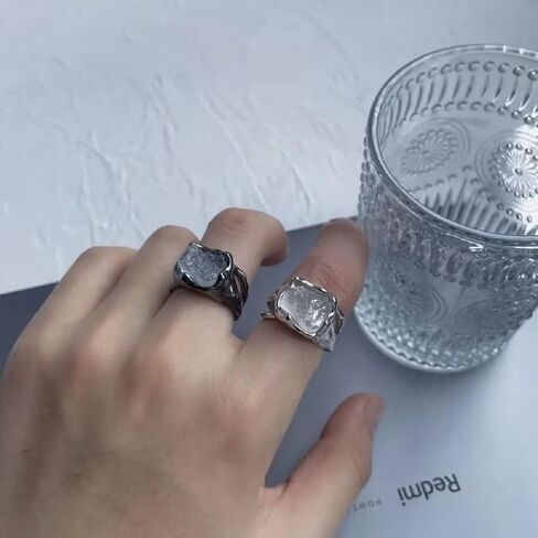 XUSIOAKKM Irregular Natural Raw Stone Ring White Transparent Gemstones Crystal Incision Black Silver Polishing Jewelry White Crystal Bold Cocktail Ring Open Band Trendy Jewelry Gift（Silver，Size9） in Saudi Arabia