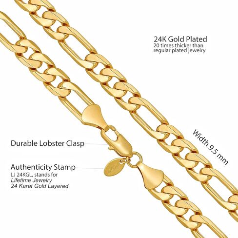 قلادة سلسلة فيجارو مشطوفة من LIFETIME JEWELRY للنساء والرجال مطلية بالذهب الحقيقي عيار 24 قيراط (6.5 مم، 8 مم، 9.5 مم، 11 مم) in Kuwait