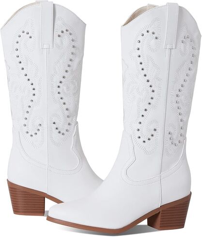 Mikarka أحذية رعاة البقر للنساء مطرزة ومسامير أحذية راعية البقر النسائية أشار تو كعب متوسط ​​مكتنز منتصف العجل الحذاء الغربي in Kuwait