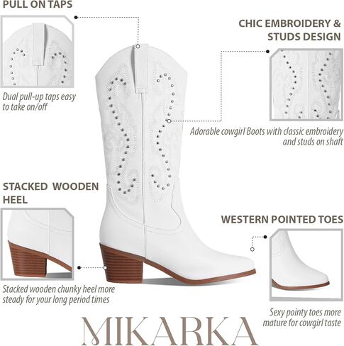 Mikarka أحذية رعاة البقر للنساء مطرزة ومسامير أحذية راعية البقر النسائية أشار تو كعب متوسط ​​مكتنز منتصف العجل الحذاء الغربي in Kuwait