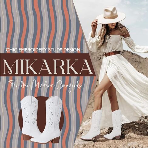 Mikarka أحذية رعاة البقر للنساء مطرزة ومسامير أحذية راعية البقر النسائية أشار تو كعب متوسط ​​مكتنز منتصف العجل الحذاء الغربي in Kuwait