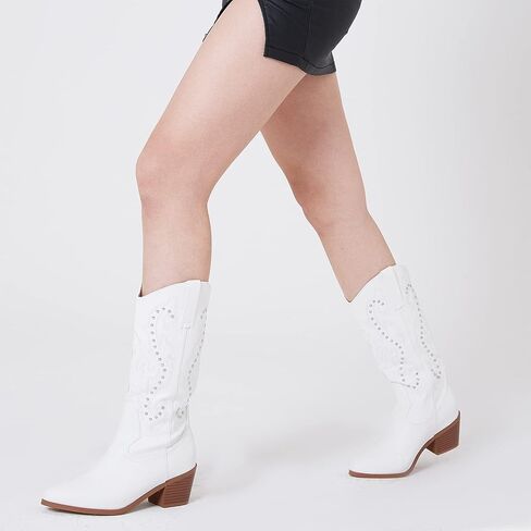 Mikarka أحذية رعاة البقر للنساء مطرزة ومسامير أحذية راعية البقر النسائية أشار تو كعب متوسط ​​مكتنز منتصف العجل الحذاء الغربي in Kuwait