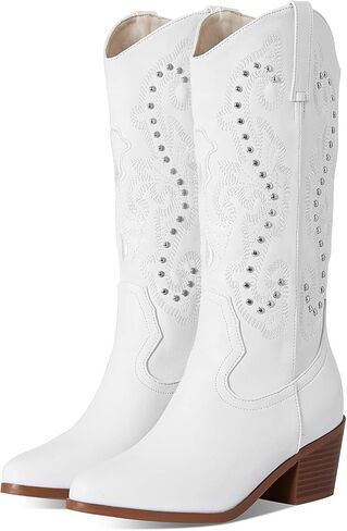 Mikarka أحذية رعاة البقر للنساء مطرزة ومسامير أحذية راعية البقر النسائية أشار تو كعب متوسط ​​مكتنز منتصف العجل الحذاء الغربي in Kuwait