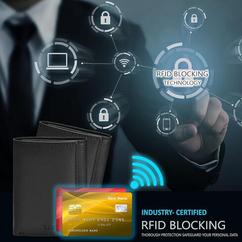 محافظ جلدية حقيقية للرجال - محفظة ثلاثية الطي بتصميم حجب RFID مع فتحات للبطاقات, هاي بلاك, Small, محفظة Rfid in Kuwait