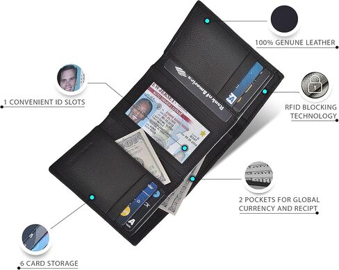محافظ جلدية حقيقية للرجال - محفظة ثلاثية الطي بتصميم حجب RFID مع فتحات للبطاقات, هاي بلاك, Small, محفظة Rfid in Kuwait