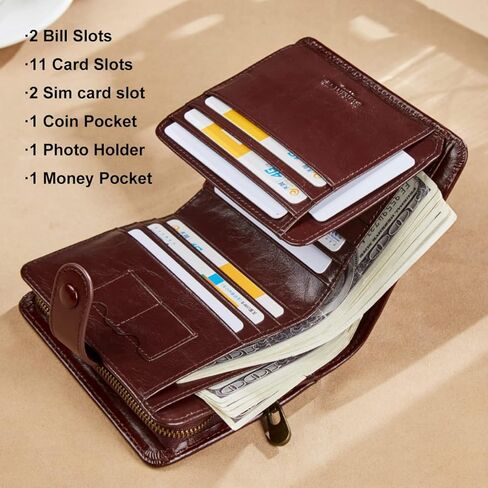 محفظة جلدية أصلية من LAORENTOU للرجال بسحاب ومحفظة بمقبض للرجال ومحفظة ثنائية الطي ومحفظة لجيب بطاقة الائتمان (02 بني) in Kuwait
