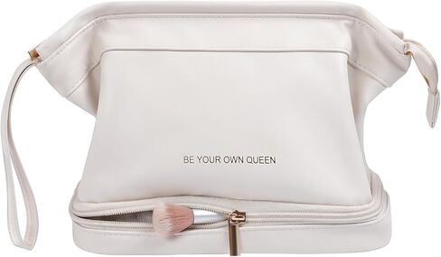 TOBEHIGHER Makeup Bag - Double Layer Travel Make up Bag, Travel Essentials Portable Leather Cosmetic Bag, Washable Waterproof Makeup Organizer Bag, White in Kuwait