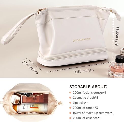TOBEHIGHER Makeup Bag - Double Layer Travel Make up Bag, Travel Essentials Portable Leather Cosmetic Bag, Washable Waterproof Makeup Organizer Bag, White in Kuwait