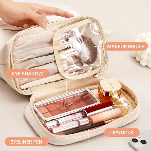 TOBEHIGHER Makeup Bag - Double Layer Travel Make up Bag, Travel Essentials Portable Leather Cosmetic Bag, Washable Waterproof Makeup Organizer Bag, White in Kuwait