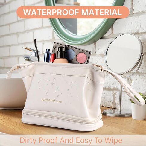TOBEHIGHER Makeup Bag - Double Layer Travel Make up Bag, Travel Essentials Portable Leather Cosmetic Bag, Washable Waterproof Makeup Organizer Bag, White in Kuwait