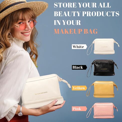 TOBEHIGHER Makeup Bag - Double Layer Travel Make up Bag, Travel Essentials Portable Leather Cosmetic Bag, Washable Waterproof Makeup Organizer Bag, White in Kuwait