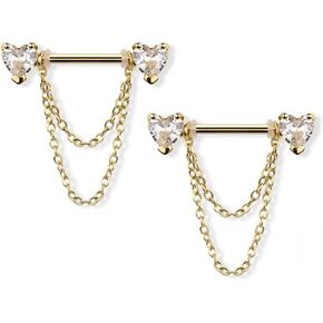 Pierced Owl 14GA 316L Stainless Steel CZ Crystal Hearts with Double Dangling Chains Nipple Barbells, Sold as a Pair