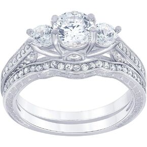 La4ve Diamonds Swarovski Bridal Ring Wedding Set Sterling Silver 3 Stone Prong Set Round-cut AAA Cubic Zirconia Stylish Fashion Jewelry for Women Girls Mom |Gift Box Included in Kuwait