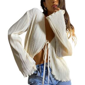 Women Girls Sheer Blouse Wild Flare Sleeve Tie Up Shirt Frill Decor Y2k Cropped Cardigan Top Aesthetic Clothes