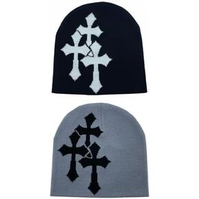 Y2K Knitted Beanies Hat Cross Graphics Men Women Jacquard Hat Punk Solid Color Hat Outdoor Sports Trend Beanie in Kuwait