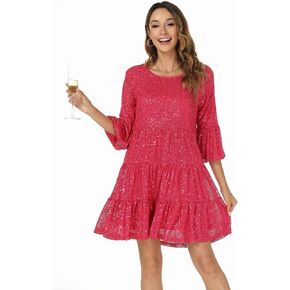 Kedera Women's Short Sleeves Crew Neck Sequin Mini Babydoll Dress Cocktail Party Club Tiered Dress in Kuwait