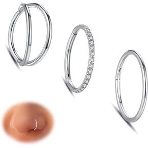 وبروب 3 قطع من حلقات الانف: حلقات انف مزدوجة من الستيل الجراحي 316L 16 غرام 18 غرام 20 غرام بمفصلات من الزركونيا المكعب والحاجز الانفي والشفاه والغضروف والغضروف والغضروف وزنمة الاذن، مجوهرات ثقب الجسم in Kuwait
