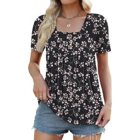 KTILG Womens Square Neck Short Sleeve Tunic Tops Loose Pleated Front T Shirts Casual Summer 2024 S-3XL