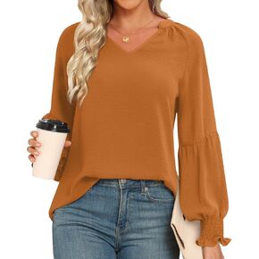 XUZHU المرأة خريف شتاء عادية تونك القمم Smocked كم طويل الخامس الرقبة البلوزات موضة فضفاضة قمصان مناسبة تي شيرت in Kuwait