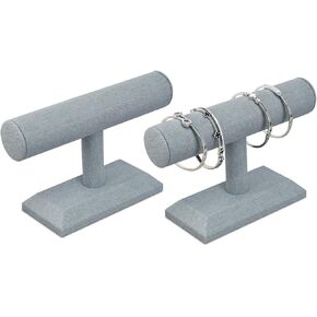 ايكي ديزاين مجموعة من قطعتين حامل اساور خشبي مغطى بالكتان لعرض المجوهرات والساعات والاساور والمجوهرات والاساور الحلقية وحامل الاساور الحلقية على شكل حرف T لتنظيم المنزل، رمادي داكن in Kuwait