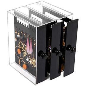 KENGEL 5.1X5.1X7.1 Inch Dustproof Jewelry Screen Hanger Organizer 222 Holes Earrings Holder 3 Drawers Necklace Chains Acrylic Display Stands Decor Gifts Girls (Transparent)