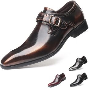 Men's Leather Pointed Toe Dress Shoes,Fashion English Style Adjustable Metal Buckle Hook & Loop Decorate Slip On Block Heel Formal Business Wedding Oxford Shoes Loafer in Saudi Arabia
