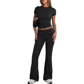 Trendy Queen Lounge Sets For Women 2 Piece Casual Y2K Outfits Short Sleeve Cropped Tops Fold Over Flare Pants Tracksuits