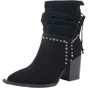 LALA IKAI Women's Fringe Ankle Boots Chunky Block Heel Studded Suede Booties Shoes With Rhinestones in Kuwait