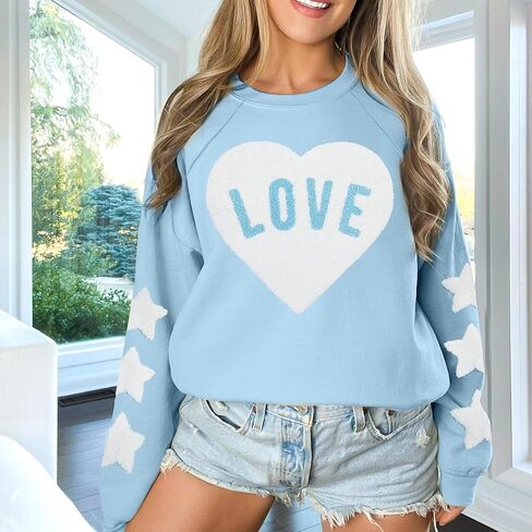 FRYAID Valentine's Day Sweatshirt Women Love Heart Stars Cute Grahic Shirts Casual Long Sleeve Holiday Pullover Tops in Saudi Arabia