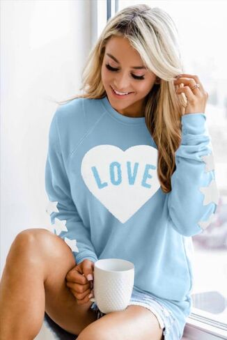 FRYAID Valentine's Day Sweatshirt Women Love Heart Stars Cute Grahic Shirts Casual Long Sleeve Holiday Pullover Tops in Saudi Arabia