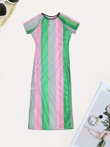 XZLUFNY Womens Colorful Stripe Fishnet Beach Dress Bikinis Swimwear Cover Ups in Saudi Arabia