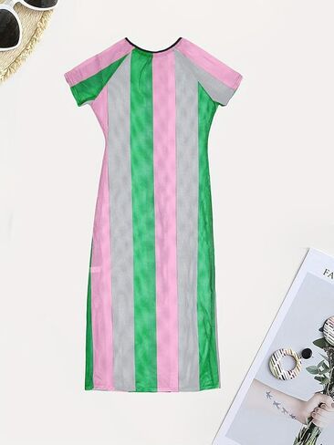 XZLUFNY Womens Colorful Stripe Fishnet Beach Dress Bikinis Swimwear Cover Ups in Saudi Arabia