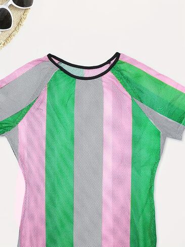 XZLUFNY Womens Colorful Stripe Fishnet Beach Dress Bikinis Swimwear Cover Ups in Saudi Arabia
