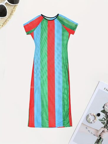 XZLUFNY Womens Colorful Stripe Fishnet Beach Dress Bikinis Swimwear Cover Ups in Saudi Arabia