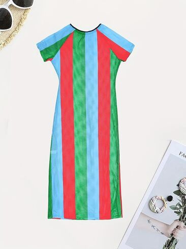 XZLUFNY Womens Colorful Stripe Fishnet Beach Dress Bikinis Swimwear Cover Ups in Saudi Arabia