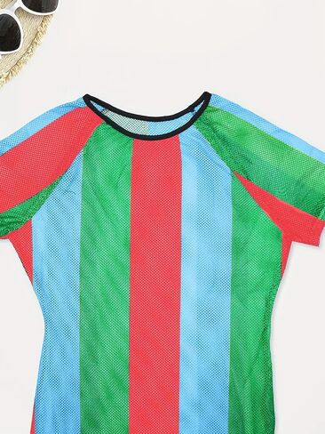 XZLUFNY Womens Colorful Stripe Fishnet Beach Dress Bikinis Swimwear Cover Ups in Saudi Arabia