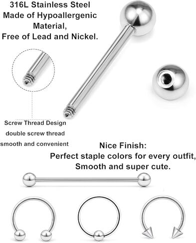 مجموعة ثقب Heienngy حلقات الحاجب من الفولاذ المقاوم للصدأ، حلقة حدوة الحصان، مجوهرات ثقب صناعية، حلقة زر البطن، حلقات الشفاه، الأقراط، حلقات الحلمة، حلقات اللسان للنساء والرجال 14G 16G إبر ثقب in Kuwait