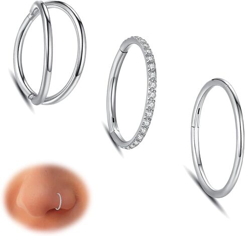 وبروب 3 قطع من حلقات الانف: حلقات انف مزدوجة من الستيل الجراحي 316L 16 غرام 18 غرام 20 غرام بمفصلات من الزركونيا المكعب والحاجز الانفي والشفاه والغضروف والغضروف والغضروف وزنمة الاذن، مجوهرات ثقب الجسم in Kuwait