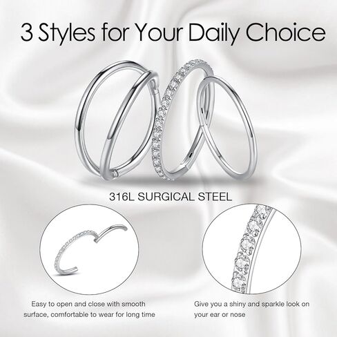 وبروب 3 قطع من حلقات الانف: حلقات انف مزدوجة من الستيل الجراحي 316L 16 غرام 18 غرام 20 غرام بمفصلات من الزركونيا المكعب والحاجز الانفي والشفاه والغضروف والغضروف والغضروف وزنمة الاذن، مجوهرات ثقب الجسم in Kuwait