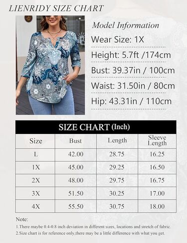 LIENRIDY المرأة حجم كبير تونك القمم 3/4 لفة الأكمام البلوزات الخامس الرقبة قمصان هينلي M-4X in Kuwait