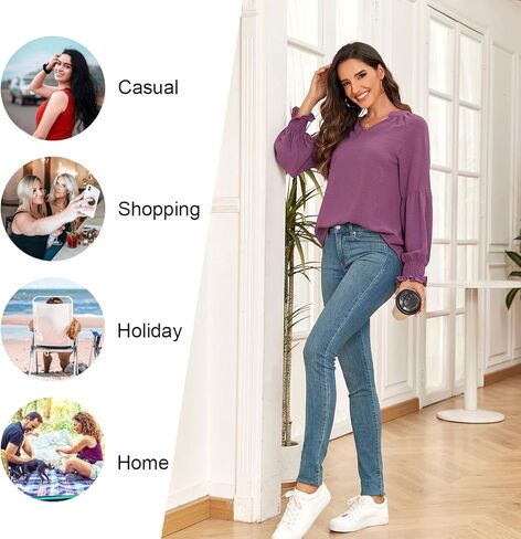 XUZHU المرأة خريف شتاء عادية تونك القمم Smocked كم طويل الخامس الرقبة البلوزات موضة فضفاضة قمصان مناسبة تي شيرت in Kuwait