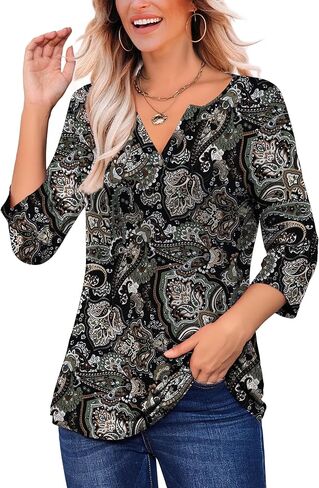 LIENRIDY المرأة حجم كبير تونك القمم 3/4 لفة الأكمام البلوزات الخامس الرقبة قمصان هينلي M-4X in Kuwait