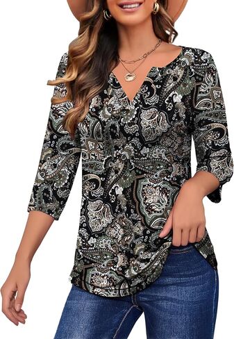 LIENRIDY المرأة حجم كبير تونك القمم 3/4 لفة الأكمام البلوزات الخامس الرقبة قمصان هينلي M-4X in Kuwait