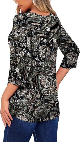 LIENRIDY المرأة حجم كبير تونك القمم 3/4 لفة الأكمام البلوزات الخامس الرقبة قمصان هينلي M-4X in Kuwait